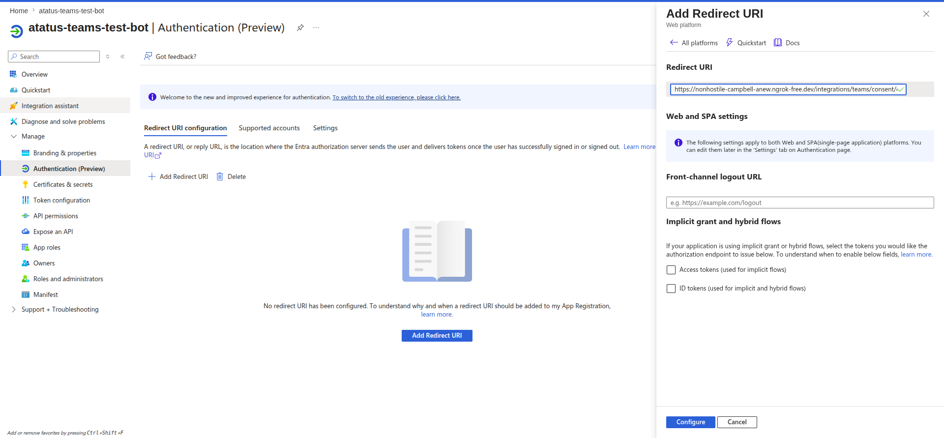 Add the consent callback redirect URI